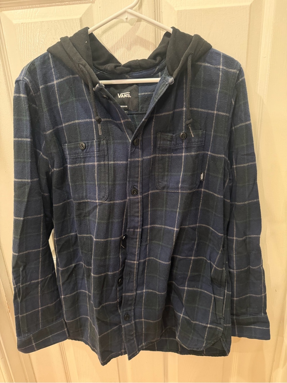 Vans Men's Navy and Black Plaid Hooded Button-Down Shirt